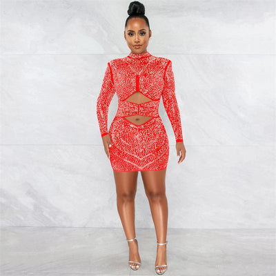 Farrah Red Rhinestone Embellished Mesh Long Sleeve Mini Dress - Fashion Genie Boutique