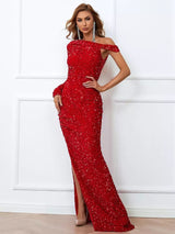 Make a Wish Red Bardot Asymmetrical Sequin Maxi Dress - Fashion Genie Boutique