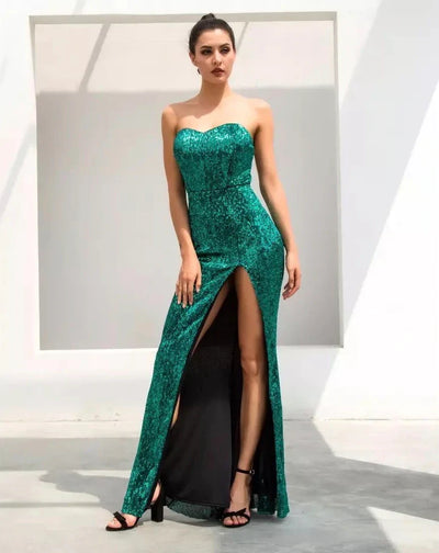 Disco Belle Green Sequin Strapless Split Maxi Gown Dress - Fashion Genie Boutique