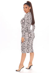 Wild Heart Grey Snake Print Long Sleeve Midi Dress - Fashion Genie Boutique