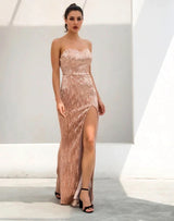 Disco Belle Champagne Sequin Strapless Split Maxi Gown Dress - Fashion Genie Boutique