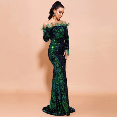 Be Mine Green Bardot Feather Long Sleeve Maxi Fishtail Dress - Fashion Genie Boutique