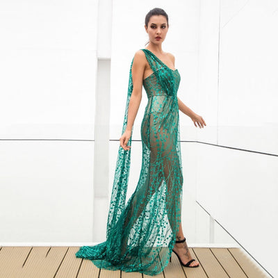 Glam Squad Green Asymmetrical Glitter High Split Maxi Dress - Fashion Genie Boutique