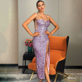 Bit Bling Purple Sequin High Split Midi Dress - Fashion Genie Boutique