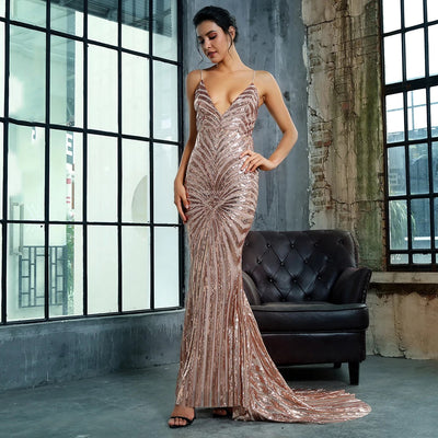 Ecstasy Gold Plunge Sequin Maxi Fishtail Gown Dress - Fashion Genie Boutique
