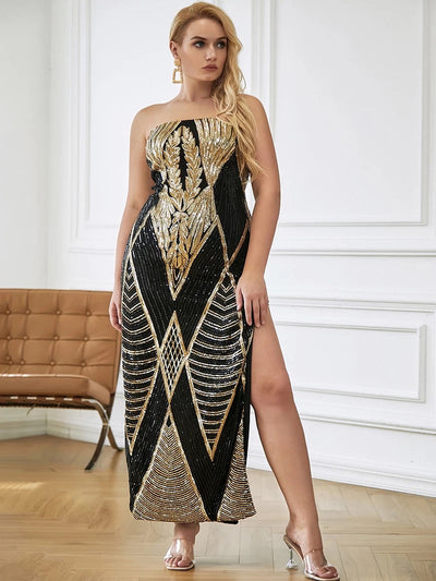 Enchanted Black & Gold Strapless Sequin Midi Dress - Plus - Fashion Genie Boutique