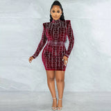 City Sleek Red Rhinestone Embellished Long Sleeve Mini Dress - Fashion Genie Boutique