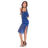 Confessions Blue Halter Sequin Tassel Midi Dress - Fashion Genie Boutique
