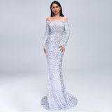 Be Mine Silver Bardot Feather Long Sleeve Maxi Fishtail Dress - Fashion Genie Boutique