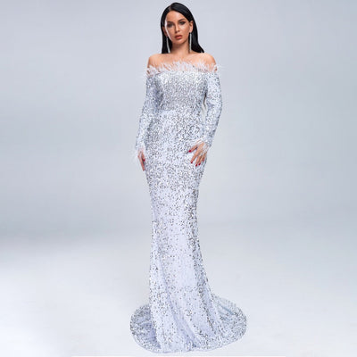 Be Mine Silver Bardot Feather Long Sleeve Maxi Fishtail Dress - Fashion Genie Boutique