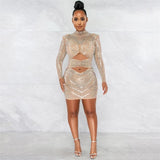 Farrah Nude Rhinestone Embellished Mesh Long Sleeve Mini Dress - Fashion Genie Boutique