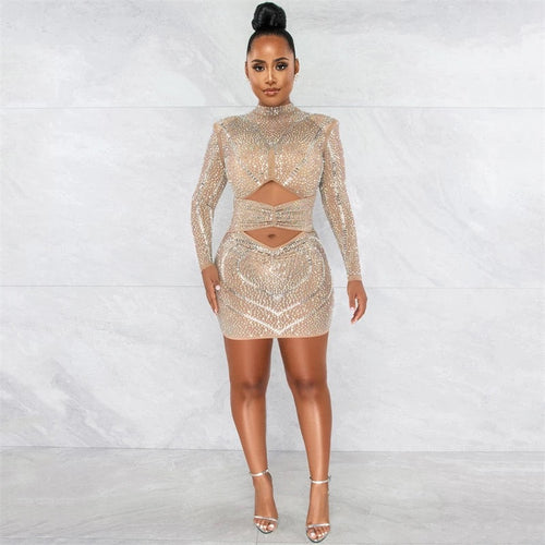 Farrah Nude Rhinestone Embellished Mesh Long Sleeve Mini Dress - Fashion Genie Boutique