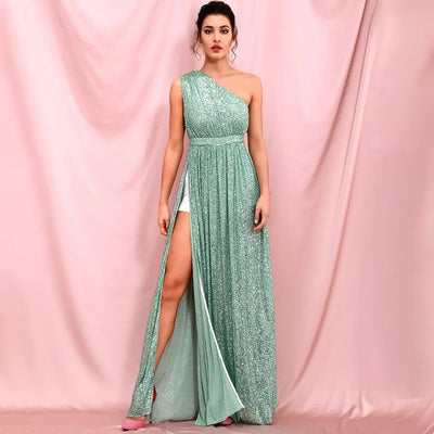 Sparkle All Night Green One Shoulder Sequin Maxi Dress - Fashion Genie Boutique