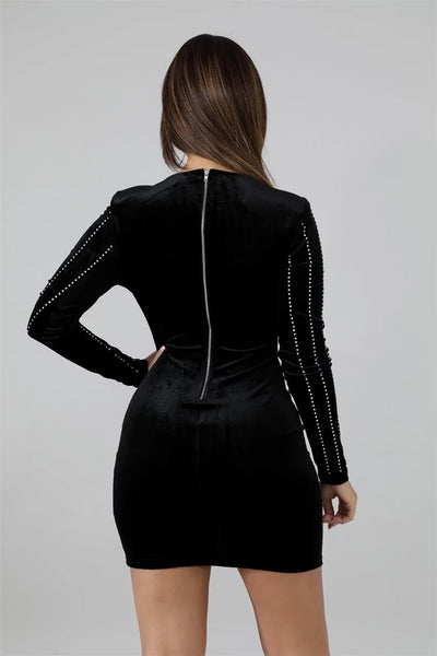 Cafe Society Black Long Sleeve Rhinestone Mini Dress - Fashion Genie Boutique