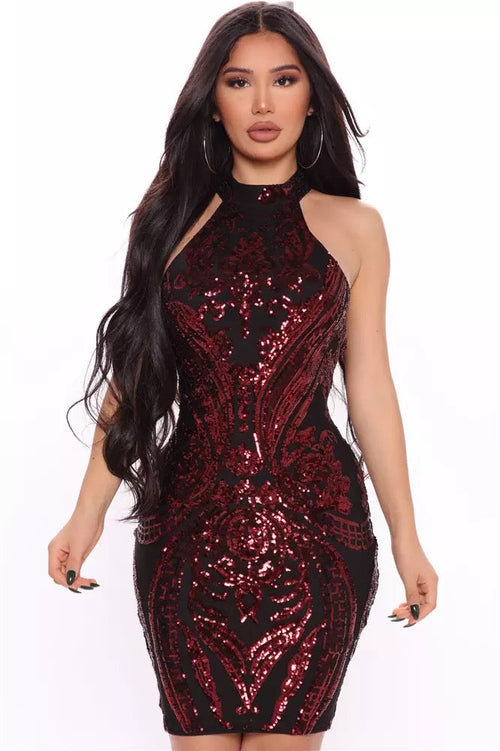 Rebellion Burgundy Halter Sequin Mini Dress - Fashion Genie Boutique