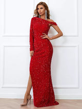 Make a Wish Red Bardot Asymmetrical Sequin Maxi Dress - Fashion Genie Boutique