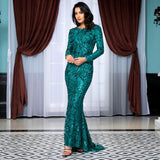 Forever Flawless Green Sequin Long Sleeve Maxi Fishtail Gown Dress - Fashion Genie Boutique