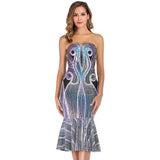 Mermaid Black Iridescent Strapless Ruffle Hem Midi Dress - Fashion Genie Boutique
