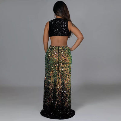 Gabrielle Black Iridescent High Split Sequin Maxi Dress - Fashion Genie Boutique