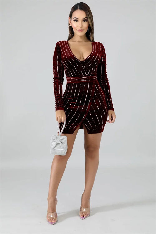 Cafe Society Burgundy Long Sleeve Rhinestone Mini Dress - Fashion Genie Boutique