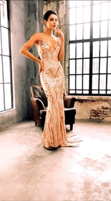 Ecstasy Gold Plunge Sequin Maxi Fishtail Gown Dress - Fashion Genie Boutique