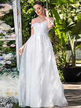 Sheer Romance White Bardot Tulle Maxi Gown Dress - Fashion Genie Boutique