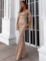 Deepest Devotion Gold Draped Sleeve Sequin Maxi Dress - Fashion Genie Boutique