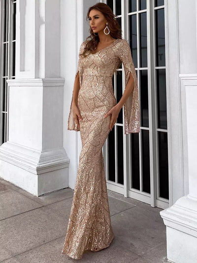 Deepest Devotion Gold Draped Sleeve Sequin Maxi Dress - Fashion Genie Boutique
