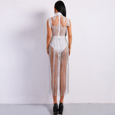 Gamble On Me White Mesh Sequin Fringe Bodysuit - Fashion Genie Boutique