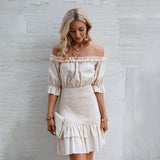 Love It Up Beige Bardot Ruffle Mini Dress - Fashion Genie Boutique