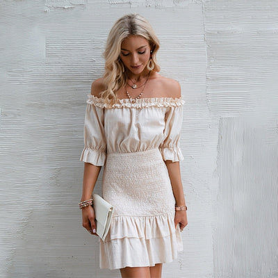 Love It Up Beige Bardot Ruffle Mini Dress - Fashion Genie Boutique
