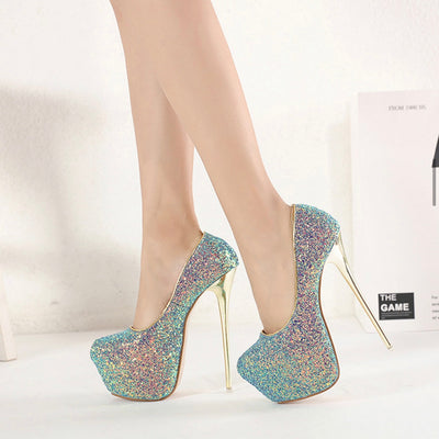 Out Of Reach Blue Sequin Platform Stiletto Heels - Fashion Genie Boutique