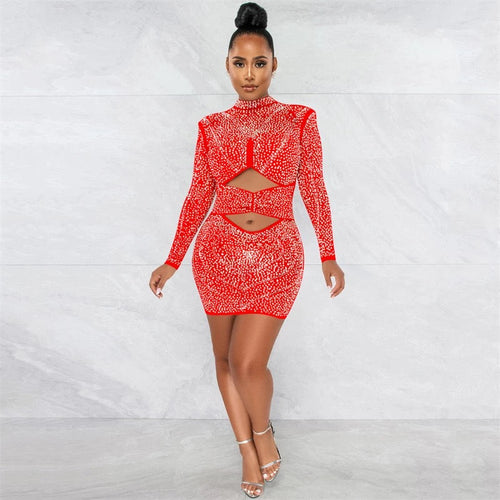 Farrah Red Rhinestone Embellished Mesh Long Sleeve Mini Dress - Fashion Genie Boutique