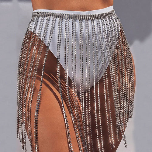 Rhinestone Silver Tassel Chain Skirt - Fashion Genie Boutique