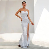 Disco Belle Silver Sequin Strapless Split Maxi Gown Dress - Fashion Genie Boutique
