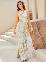 In Your Dreams Blue & Green Print One Shoulder Split Maxi Dress - Fashion Genie Boutique
