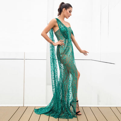 Glam Squad Green Asymmetrical Glitter High Split Maxi Dress - Fashion Genie Boutique