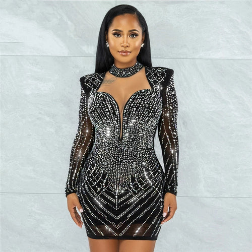 Ablaze Black Choker Rhinestone Embellished Long Sleeve Mini Dress - Fashion Genie Boutique