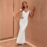 Pearlescent White Cold Shoulder Maxi Fishtail Dress - Fashion Genie Boutique