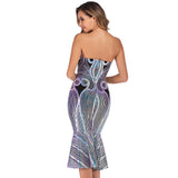 Mermaid Black Iridescent Strapless Ruffle Hem Midi Dress - Fashion Genie Boutique