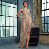 Glam Squad Gold Asymmetrical Glitter High Split Maxi Dress - Fashion Genie Boutique