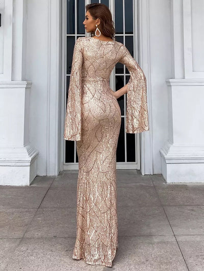 Deepest Devotion Gold Draped Sleeve Sequin Maxi Dress - Fashion Genie Boutique