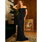 Oh So Glam Black Bardot Sequin Fishtail Maxi Dress - Fashion Genie Boutique