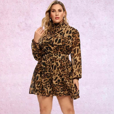 God Damn Brown Leopard Long Sleeve Mini Dress - Plus - Fashion Genie Boutique