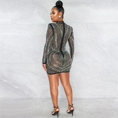 Farrah Black Rhinestone Embellished Mesh Long Sleeve Mini Dress - Fashion Genie Boutique