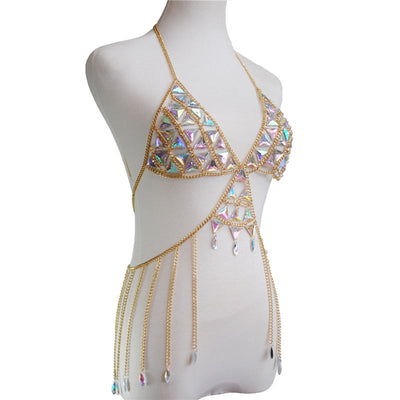 Showtime Glitter Gold Rhinestone Body Bralette - Fashion Genie Boutique