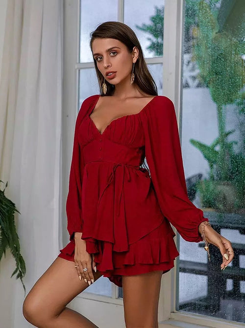 Ruffle Like This Red Plunge Long Sleeve Playsuit - Fashion Genie Boutique