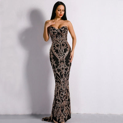 Canterbury Black & Gold Sequin Strapless Maxi Dress - Fashion Genie Boutique