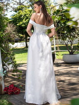 Sheer Romance White Bardot Tulle Maxi Gown Dress - Fashion Genie Boutique