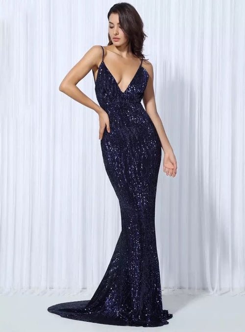 Goal Digger Navy Sequin Maxi Gown Dress - Fashion Genie Boutique